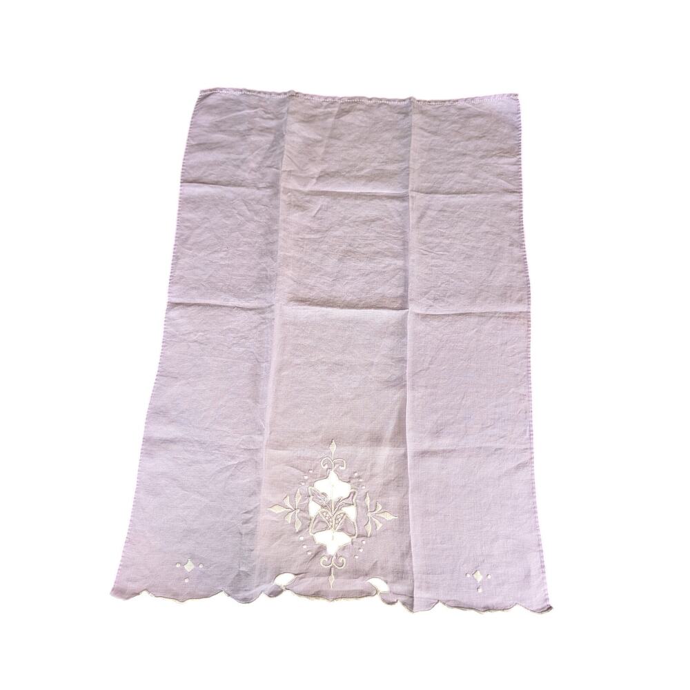 Vintage Lavender Linen Tea Towel Cutwork Embroidered Scalloped Cottagecore